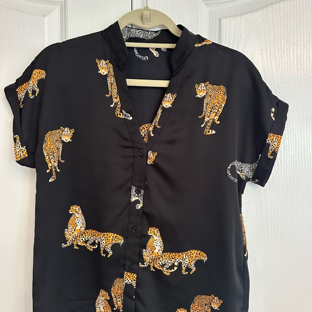 Black Leopard Print Silk Shirt